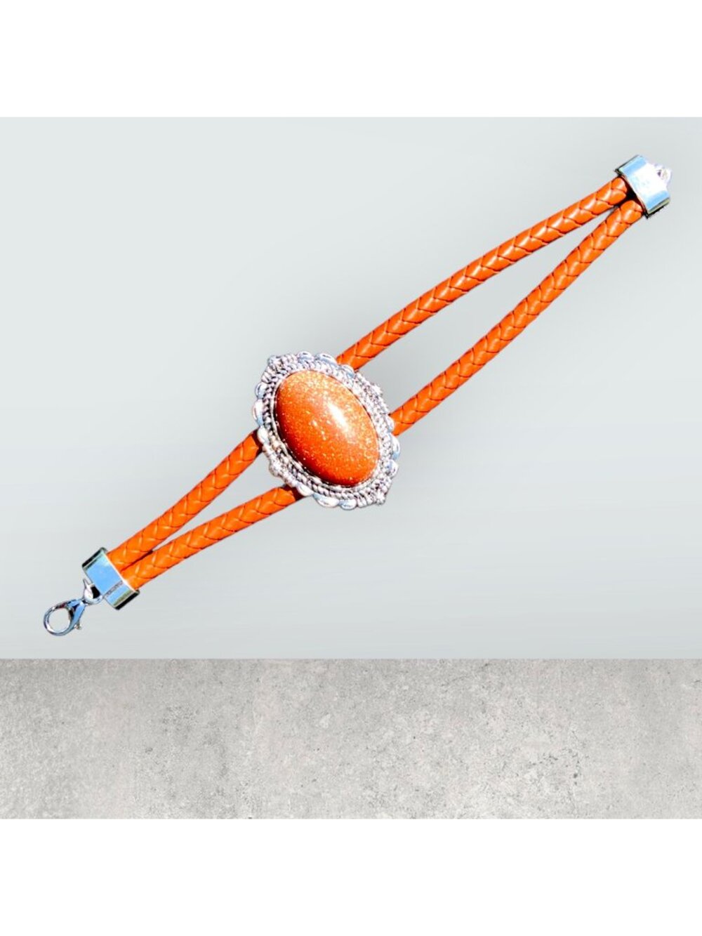 NEW Leather Double Strap Bracelet with Red Orange Goldstone Accent